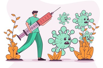 vector illustration people with vaccine for coronavirus 2019-nCoV. coronavirus medical vaccine injection.  treatment. stop corona virus. fight corona virus. defend from corona virus.