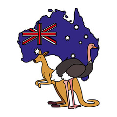 kangaroo and ostrich with map of australia in the background