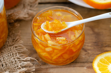 Tasty homemade orange jam and slice of orange fruit