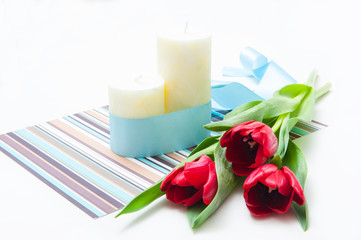 Bouquet of red tulips on the table