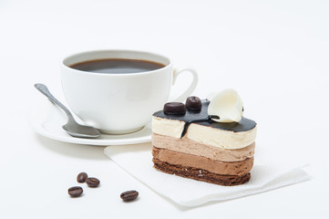 Heart shaped cup of coffee and dessert cake