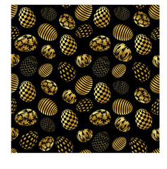 Seamless pattern Golden eggs with geometric patterns, abstract ornament on a black background. Vector illustration of happy easter characters. Vector stock isolated illustration.