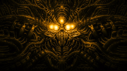 Terrible skull head of cybernetic organism with wires and mechanisms © likozor