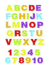 alphabet for children. Kids learning material. Card for learning alphabet. colored alphabet and numbers in  dots 