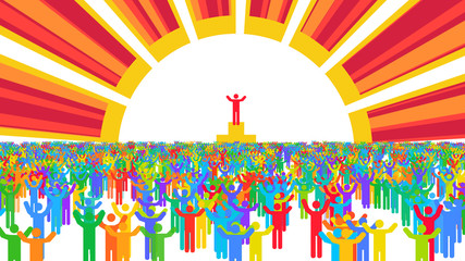 Cheerful crowd jumping at a huge sun