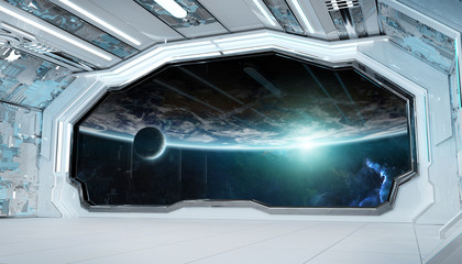 White blue spaceship futuristic interior with window view on planet Earth 3d rendering