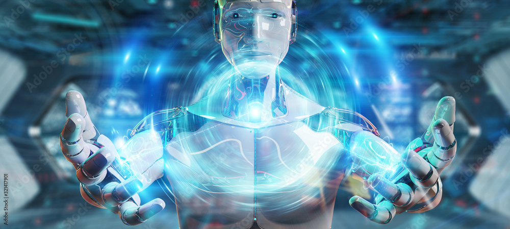 Poster white humanoid robot creating new futuristic energy power source 3d rendering