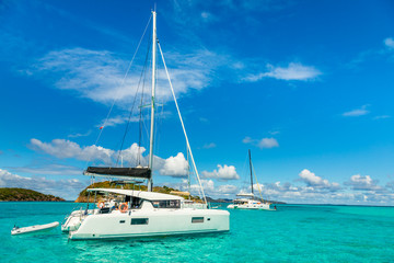 Fototapeta Turquoise colored sea with ancored catamarans, Tobago Cays, Saint Vincent and the Grenadines, Caribbean sea obraz