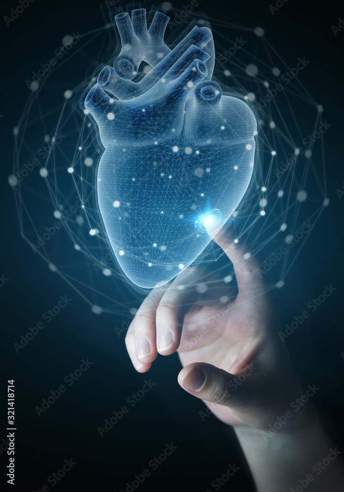 Poster Man hand using digital x-ray of human heart holographic scan projection 3D rendering