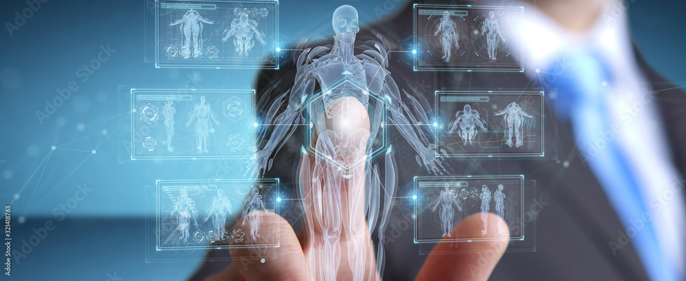 Poster Man using digital x-ray human body holographic scan projection 3D rendering
