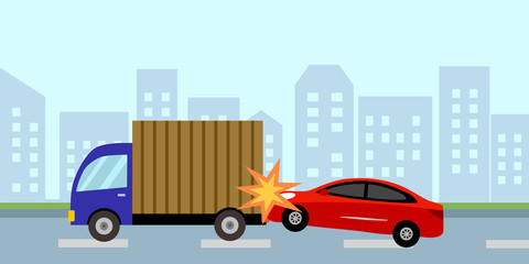 Car accident concept vector illustration. Car crash with truck on the road.