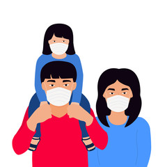 Coronavirus in China. Novel virus 2019-nCoV. Concept of quarantine, prevent infection Chinese family. Father, mother and baby in protective medical face masks.