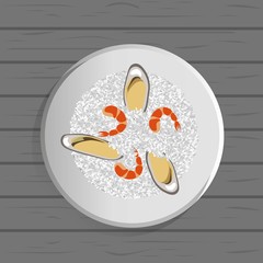 Paella on plate. Top view. Traditional dish. Flat vector illustration for promo flyer, menu, culinary, cafe, fastfood, Logo and poster. Vector design for asian restaurant, thai, japanese cuisine.