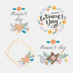 8 march. Happy Woman's Day Vector congratulation card with linear floral wreath