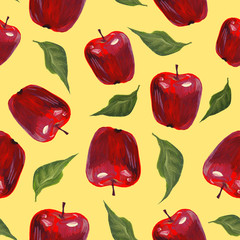 Seamless pattern red apples on a yellow background. Hand drawn gouache illustration. Juicy and appetizing pattern, design for wallpaper, fabrics, textiles, packaging, website, cafe, menu.