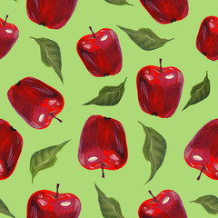 Seamless pattern red apples on a green background. Hand drawn gouache illustration. Juicy and appetizing pattern, design for wallpaper, fabrics, textiles, packaging, website, cafe, menu.