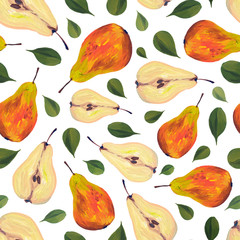 Yellow and orange pears whole and cutaway seamless pattern on a white background. Hand drawn in gouache. Juicy and mouth-watering pattern, design for wallpapers, fabrics, textiles, packaging.