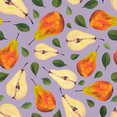 Yellow and orange pears whole and cutaway seamless pattern on a purple background. Hand drawn in gouache. Juicy and mouth-watering pattern, design for wallpapers, fabrics, textiles, packaging.