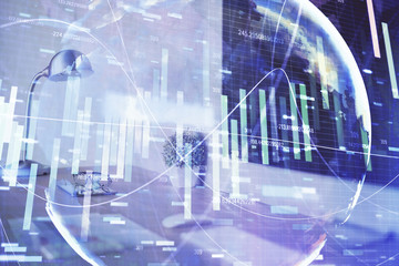 Multi exposure of business theme icons and work space with computer background. Concept of success.