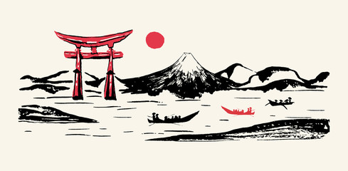 Japan panorama vector ink brush calligraphy background. Japanese mountain Fuji mount, Torii gates and red sun rise scenery with fisher boats on river, ink paint brush sketch and hand drawn graphic - 321421180