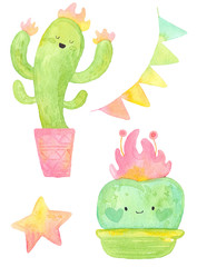 Cute baby illustration. Set of cartoon watercolor with green joyful cacti, flags, flowers. Isolated on a white background.