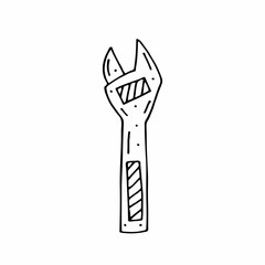 Pliers, wrench, gear fixing, repairing tool cartoon cute hand drawn doodle vector illustration, element, sticker, icon. Black monochrome design. Isolated on white background. Easy to change color. 