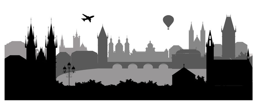 Panorama of Prague flat style vector illustration. Cartoon Prague architecture symbols and objects. Prague city skyline vector background. Flat trendy illustration
