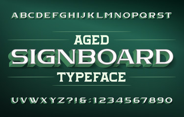 Aged Signboard alphabet font. 3D effect vintage letters and numbers with shadow. Vector typescript for your typography design.