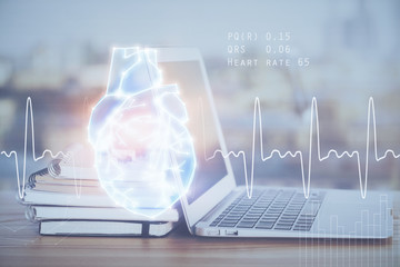 Desktop computer background and heart drawing. Double exposure. Medical study and healthcare concept.