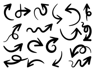 Arrows hand drawn doodle vector set. Sketch arrow design for application, banner, print screen, pen marks, map and typography design guide line.