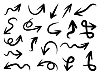 Arrows hand drawn doodle vector set. Sketch arrow design for application, banner, print screen, pen marks, map and typography design guide line.