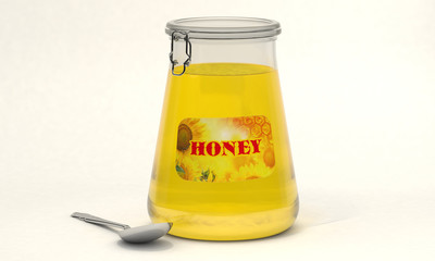 Jar of honey with a spoon.