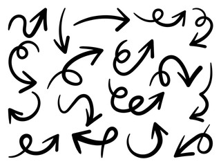Arrows hand drawn doodle vector set. Sketch arrow design for application, banner, print screen, pen marks, map and typography design guide line.
