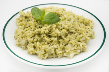 Rice with basil pesto sauce