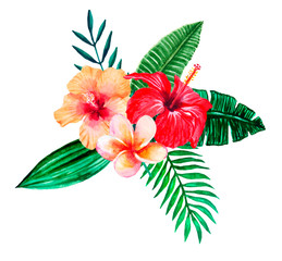 Watercolor vector arrangement, tropical bright bouquet, isolated on white.