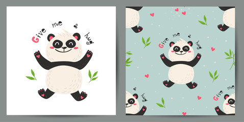 Set of cute poster and seamless pattern with pandas.