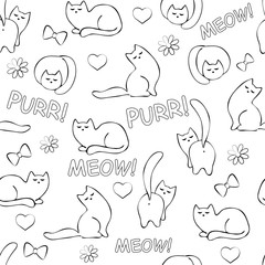 Cats and kittens silhouettes, bows, hearts, flowers on white background, 
