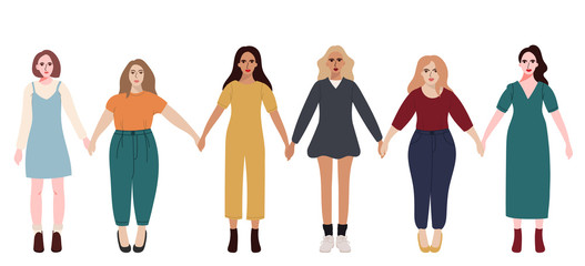 8 March Women's day.  A group of women standing together and holding hands. Vector illustration. Vector illustration. 