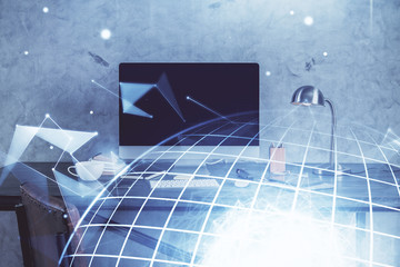 Multi exposure of table with computer and world map hologram. International data network concept.