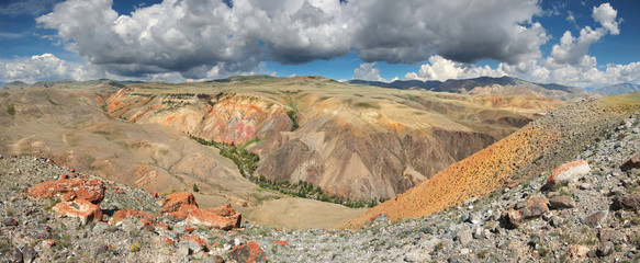 Panoramic view of mountains in the south of Altay, Mongolian landscapes. Multicolored slopes,...