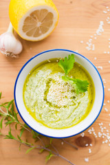 Hummus zucchini squash, top view. Gluten-free and milk-free