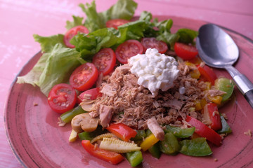 Closeup of tuna and salad on plate on pink background 