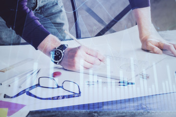 Multi exposure of man standing and planing investment with stock market forex chart.