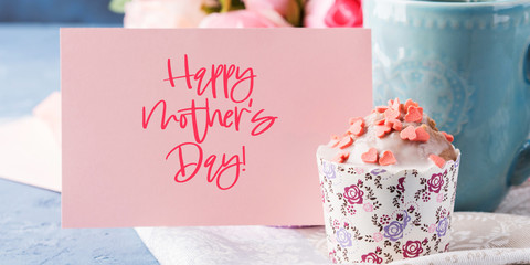 Happy mothers day greetings. Holiday greeting card with lettering text, mug of coffee and muffin...