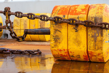 NORTH SEA, NORWAY - 2015 JANUARY 19. Surface buoy secured on deck under anchor handling operation with an oil rig move.