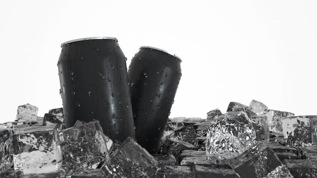 Black 3D soda realistic can with water drops on surface moving through crystal ice cubes. Abstract slow motion background footage. 4K. Alpha matte.