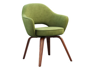 Green fabric chair with wooden legs. 3d render - obrazy, fototapety, plakaty