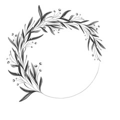Black and white floral wreath, branch of leaves, floral frame
