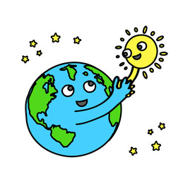 Planet earth and sun shake hands on a white background. Vector illustration.