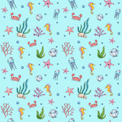 Seamless watercolor ocean cartoon  elements pattern on the blue background. Watercolor seaweed, corals, crab, seashell, starfish, jellyfish, seahorse. Ocean elements. Ocean theme. Under the sea.